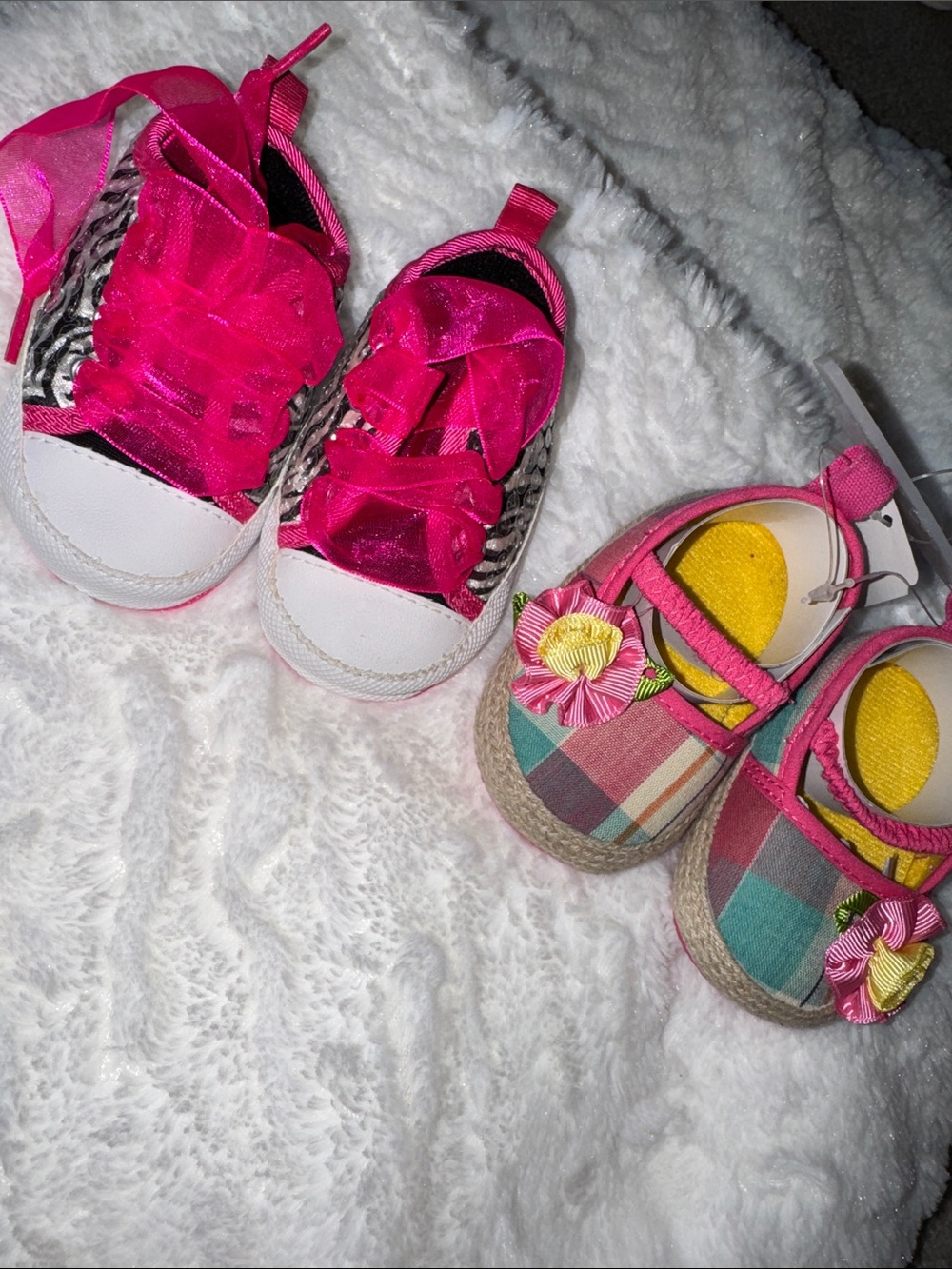 Kids Pink Ribbon Lace-Up Sneakers and Pink Plaid Flower Mary Janes